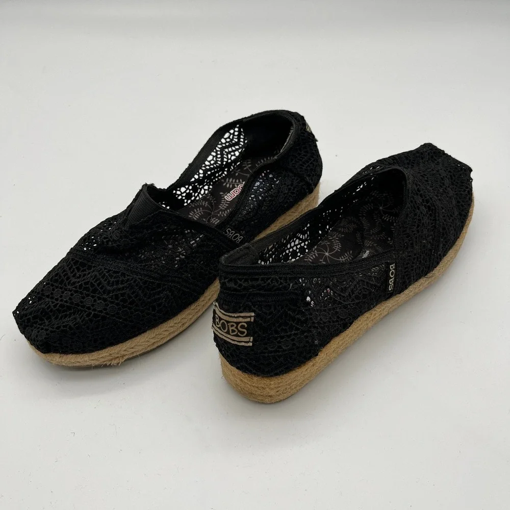 Skechers BOBS Highlights 2.0 Black Crochet Lace‎ Espadrille Flats Womens 8 34103